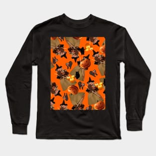 Doll Witch Black Cat and Pumpkins Tossed on Orange Repeat 5748 Long Sleeve T-Shirt